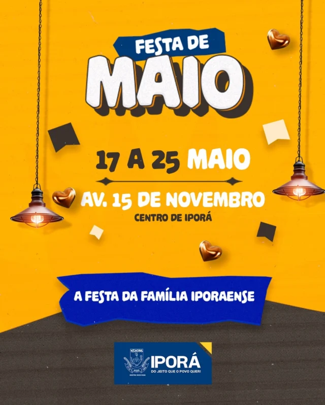 Festa de Maio 2025: Tradição e movimento nas ruas de Iporá!  A tradicional Festa de Maio, realizada há mais de 70 anos que deu início com objetivo de louvor a  Nossa Senhora Auxiliadora e hoje já se tornou uma grande tradição para compra e venda em diversos segmentos, 📍já tem data marcada: será de 17 a 25 de maio!  A Prefeitura de Iporá informa que já está disponível o edital para venda dos lotes, possibilitando que os comerciantes interessados possam organizar suas barracas e participar desse momento tão especial para a cidade.  Uma festa que une fé, cultura popular e geração de renda para a comunidade iporaense!  Iporá do jeito que o povo quer!  #FestaDeMaio #TradiçãoEmIporá #NossaSenhoraAuxiliadora #PrefeituraDeIporá #CulturaEComércio #IporáDoJeitoQueOPovoQuer