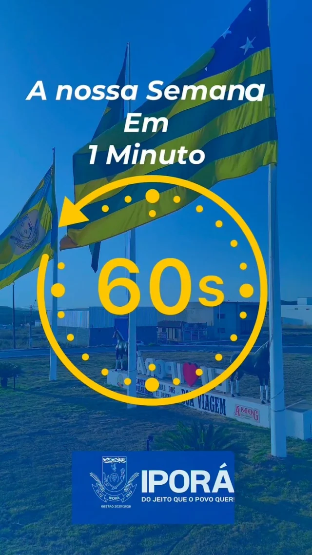 Nossa Semana em um Minuto  Segunda-feira: Início das limpezas nas ruas que continuam durante toda a semana, Continuação da revitalização da Praça da Liberdade.  Posse do Conselho Municipal de Cultura.   Terça-feira: Encontro da secretária de Saúde, Dra. Vanessa, com agentes comunitários e de combate a endemias, fortalecendo a integração das equipes. Gestão municipal se posiciona sobre acidentes de trânsito e propõe à Câmara a devolução de R$ 1 milhão em recursos desviados na gestão anterior que seriam usados em reformas escolares.   Quarta-feira: Continuação da operação tapa-buraco no bairro Jardim dos Ipês. Reunião da gestão com a Secretaria do Meio Ambiente e a Saneago sobre abastecimento. A secretaria do Meio Ambiente leva alunos do Colégio CPMG para visitarem a rede de abastecimento de água.   Quinta-feira: Primeira Conferência Municipal dos Direitos da Pessoa Idosa. Reuniões com a interlocutora da OVG. Reunião com representantes do IPEC.   Sexta-feira: Encontro com o maestro da Orquestra Lírio dos Vales e diálogo com skatistas sobre a mudança de local da pista.  #NossaSemanaEmUmMinuto #Iporá #GestãoMunicipal #Cultura #Saúde #Educação #Infraestrutura #MeioAmbiente #TapaBuraco #Abastecimento #DireitosDaPessoaIdosa #OVG #IPEC #OrquestraLírioDosVales #SkatistasDeIporá