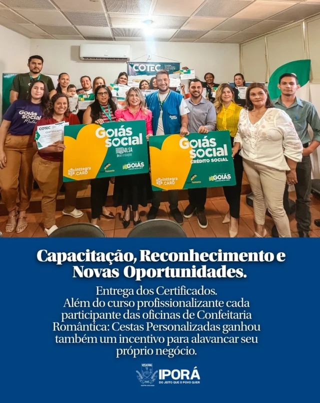 Capacitação, Reconhecimento e Novas Oportunidades!  Com muita emoção e presença da prefeita, entregamos os certificados do curso completo Confeitaria Romântica: Cestas Personalizadas.  Além da formação, cada participante recebeu R$ 3.800 em benefícios: Cartão Goiás Social, Bolsa Qualificação e Crédito Social — recursos que impulsionam sonhos e fortalecem negócios.  Essa grande conquista foi possível graças à parceria entre o Sine de Iporá e o Cotec, que seguem apoiando a geração de renda e o empreendedorismo local. Talento transformado em oportunidade real!  #CapacitaçãoProfissional  #EmpreendedorismoLocal  #ConfeitariaRomântica  #CestasPersonalizadas  #SineIporá  #Cotec  #CréditoSocial  #BolsaQualificação  #GoiásSocial  #OportunidadeReal  #TransformandoVidas  #EducaçãoParaTodos  #ReconhecimentoMerecido  #ipora