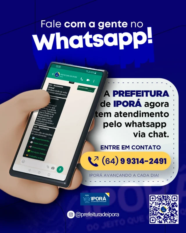 📲 Agora você pode falar com a Prefeitura de Iporá de forma simples e prática pelo WhatsApp: (64) 99314-2491 ✅  No chat, você encontra: 🔹 Departamentos Internos → para serviços dentro da Prefeitura. 🔹 Secretarias → como Saúde, Educação, Assistência Social e muito mais. 🔹 E se tiver dúvida sobre qual opção escolher, pode contar com o atendimento humano.  Mais agilidade, transparência e proximidade com você! 💙  #PrefeituraDeIporá #IporáAvançando #AtendimentoDigital #GestãoPertoDeVocê