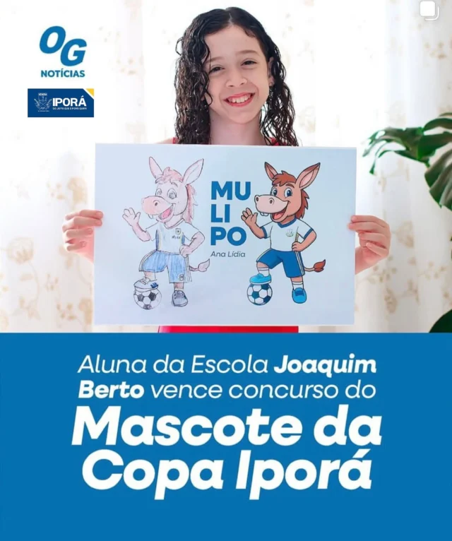 🏆🐾 Temos uma vencedora!  A aluna Ana Lídia Bueno Dias, da Escola Municipal Joaquim Berto, é a criadora do mascote oficial da Copa Iporá 2025: o Mulipo! 👏✨  O desenho da Ana Lídia conquistou corações e representa toda a alegria, união e espírito esportivo da nossa cidade! ⚽💛💙  #CopaIporá2025 #Mulipo #MascoteOficial #OrgulhoDeIporá #EsporteÉVida #TalentoQueInspira #PrefeituraDeIporá