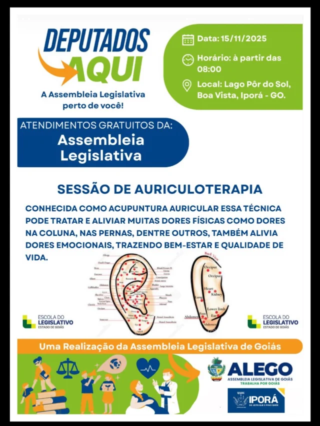 DEPUTADOS AQUI – PROGRAMAÇÃO COMPLETA  A Prefeitura de Iporá convida toda a população para participar do evento Deputados Aqui, que será realizado no sábado, dia 15 de novembro, no Lago Porto do Sol.  Durante todo o dia, diversos serviços serão oferecidos gratuitamente à comunidade, em parceria com órgãos estaduais e municipais.  Programação de serviços disponíveis:  • Mutirão de castração • Atendimento da Saneago • Atendimento da Assembleia Legislativa, com serviços de saúde • Atendimento do Tribunal Regional Eleitoral • Curso de automaquiagem • Curso de tranças • Corte de cabelo • Emissão de documentos • Atividades culturais e recreativas • Feirinha de artesanato e gastronomia • Atendimentos e orientações jurídicas e sociais  O evento reforça o compromisso com políticas públicas acessíveis e com a aproximação entre a população e as instituições.  Participe e aproveite os serviços gratuitos que estarão disponíveis para toda a comunidade.  #DeputadosAqui #PrefeituradeIporá #GovernodeGoiás #Iporá #ServiçosGratuitos #AçãoSocial #Cidadania #LagoPortodoSol