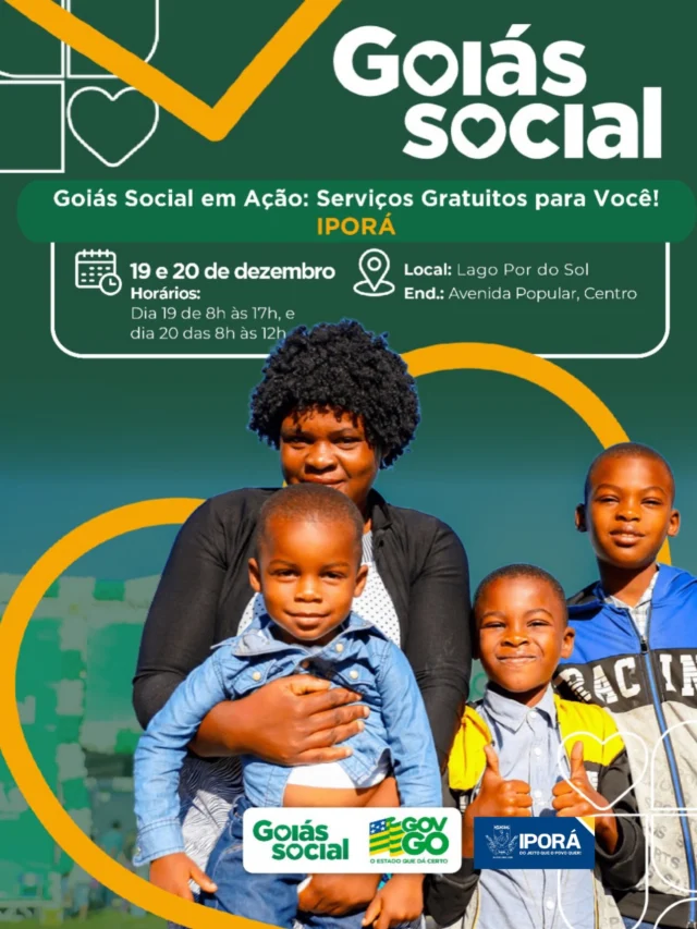 Goiás Social chega a Iporá!  📍Lago Pôr do Sol  19 de dezembro — 8h às 17h 20 de dezembro — 8h às 12h  O município de Iporá receberá o Goiás Social, uma grande ação do Governo de Goiás em parceria com a Prefeitura, trazendo uma ampla oferta de serviços, atendimentos e oportunidades para a população.  Arraste para o lado e confira tudo o que estará disponível: saúde, cidadania, assistência social, educação, esportes, lazer, empregabilidade, orientação, atualizações cadastrais e muito mais, tudo reunido em um só lugar para facilitar o acesso da comunidade.  Serão dois dias dedicados ao cuidado, à inclusão e ao fortalecimento das políticas públicas, com equipes preparadas para acolher e orientar cada cidadão.  #GoiásSocial #Iporá #CidadaniaParaTodos